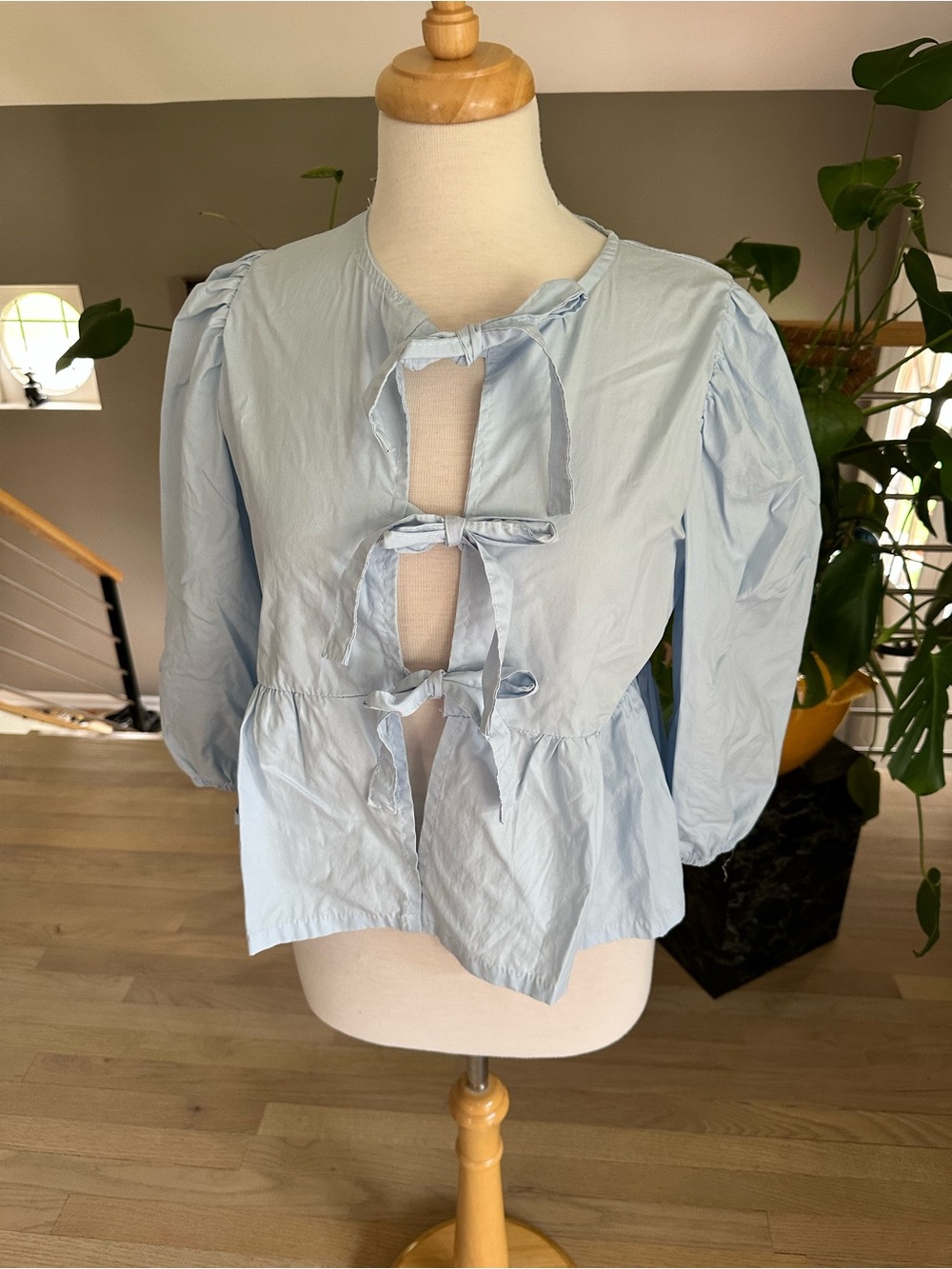 Light Blue Tie-Front Peplum Blouse